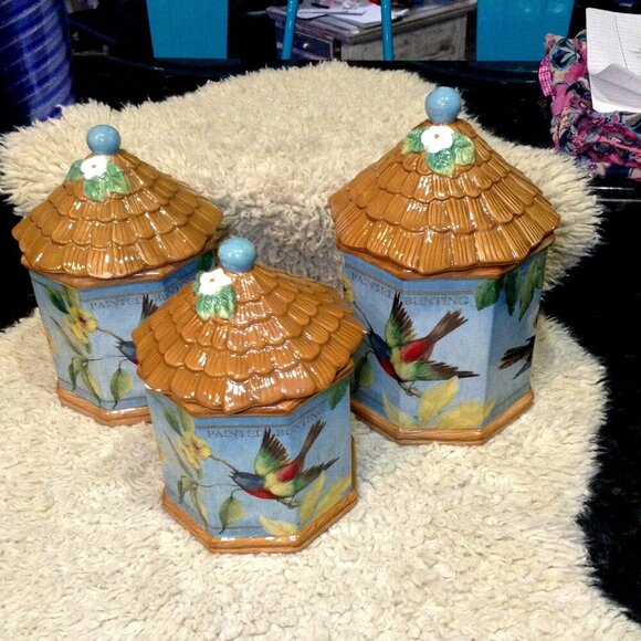 VINTAGE Discontinued Susan Winget 3 pc. Botanical Canister Set, Painted Buntings - Picture 1 of 7